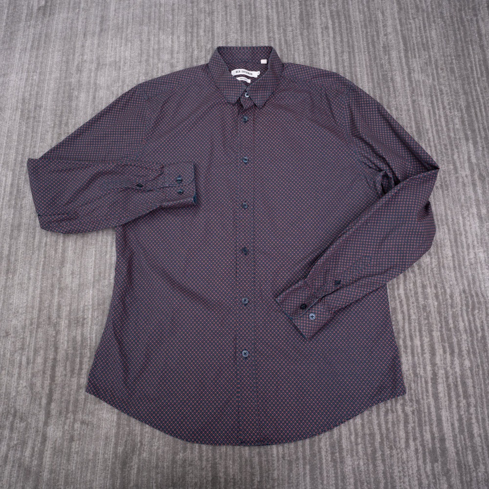 Ben Sherman Button Up Shirt Mens XL Navy Rust Orange Excellent Soho Slim Fit